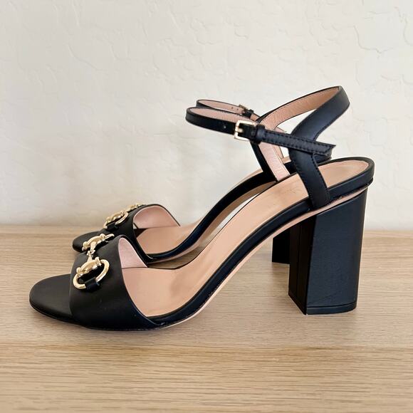 Gucci Horsebit Black Leather Block Heel Sandals Size 37 Made in Italy - Picture 1 of 11